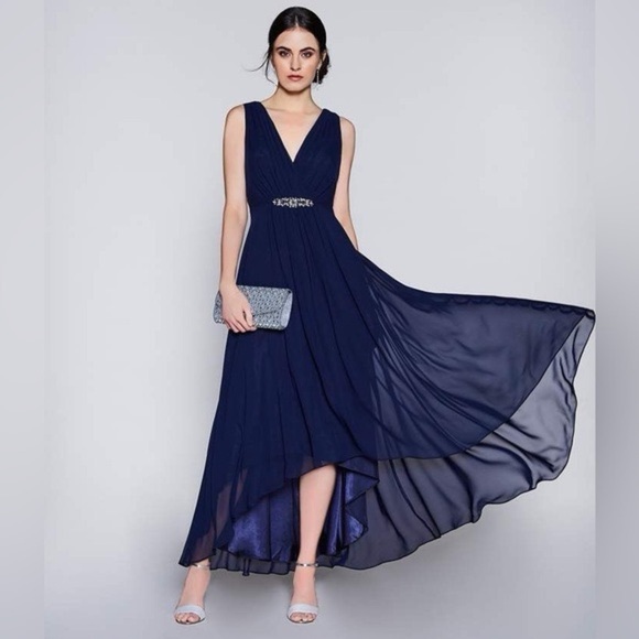 NWT Eliza J Embellished High Low Gown Dress Navy Blue Chiffon Sz 4 - Picture 2 of 16